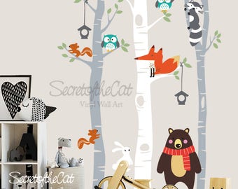 Animali della foresta con betulle Sticker murale Adesivo vivaio