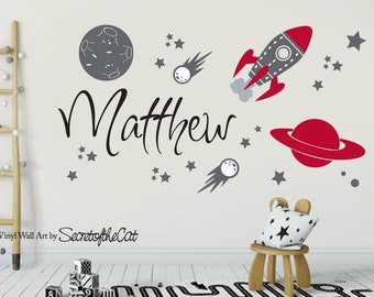 Outer Space Wall Decal, Stars, Planets,Boys room decor-Personalized name decals-Star Decals-Rocket and name decals-Galaxy decor