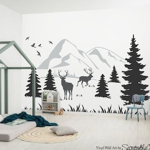 Mountain wall sticker- Mountain landscape with Deers-  Mountain Wall Decal - Kids Wall Stickers- Mountain wall mural- Mountain Mural