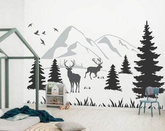 Mountain wall sticker- Mountain landscape with Deers-  Mountain Wall Decal - Kids Wall Stickers- Mountain wall mural- Mountain Mural