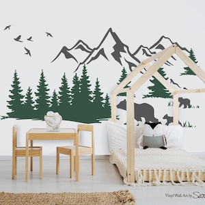 Mountain wall sticker- Mountain landscape with Bears-  Mountain Wall Decal - Kids Wall Stickers- Mountain wall mural- Mountain Mural