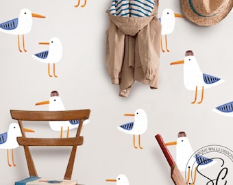 Vinilos decorativos de gaviotas en acuarela para pared / Decoración costera para guardería o habitación infantil, vinilo decorativo de tela para pared