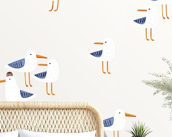 Vinilos decorativos de gaviotas en acuarela para pared, vinilos de tela para pared, decoración neutra para habitación infantil con temática playera, fáciles de pegar y despegar.