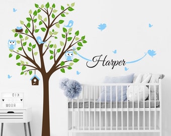 Tree and owls / Wall decal nursery / Tree decal / Tree and name / Name decals / Wall decal Tree / Forest tree decal / Tree and birds decal