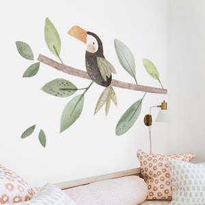 Pegatina de tucán de la selva, animales de la selva, calcomanías para guardería, decoración de habitación infantil, pegatinas de pared de safari, despegar y pegar, pegatinas de animales de la selva