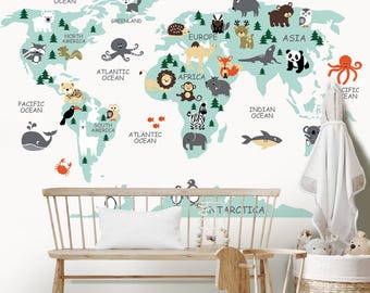 Animal World Map Nursery Wall Decal – Peel & Stick Vinyl - Etsy
