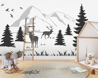 Mountain wall sticker- Mountain landscape with Deers-  Mountain Wall Decal - Kids Wall Stickers- Mountain wall mural- Mountain Mural