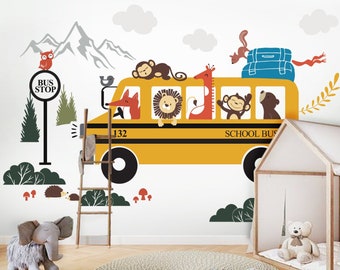 Bus Wall decal, Baby Nursery Wall Stickers, large wall decal, woodland decal, kids wall decor,school bus wall sticker,playroom decor,nursery