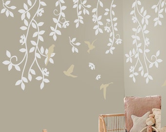 Hanging Vines with Bird - Wall Decals Nursery - Branch Leaves Wall Decal - Wall Decal for Bedroom - Vines and Birds - Vines - Birds decals