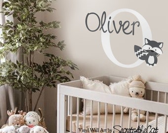 Nursery Wall Decals Raccoon Name Monogram Wall Decal-Wall decals nursery-name decals -baby boy nursery decal - monogram decal-Name sticker