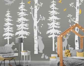 Woodland Wall Decal- Scandinavian decal- Woodland Birch Tree- Woodland Animals Decal- Mountain Mural - Kids Wall Decal- Woodland Mural