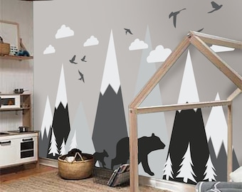 Mountain Vinyl Wall Decal – Nursery Decor, Bears & Pine Trees