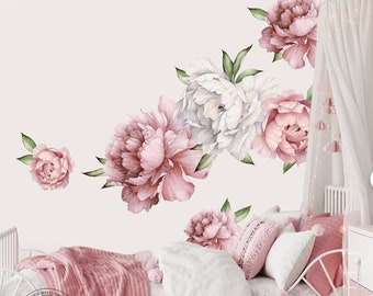 Decalcomanie da muro di peonia, adesivi murali fiori rosa, fiori a buccia e bastone, peonie acquerello, adesivi peonie, buccia e bastone