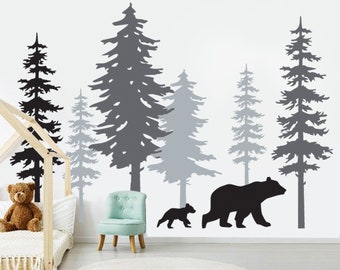 Woodland Wall Decal, Pine Tree Forest Wall Decals,Tree Wall Decals,Forest Mural,Children's Forest Decals, Bears decal, Forest Stickers