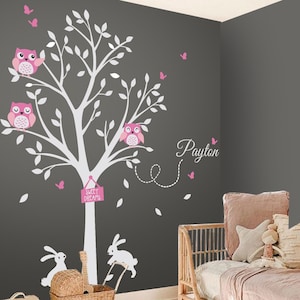 Wall Decals Nursery Tree with Owls and bunnies Tree and Name Wall decal for boys and girls nursery White Tree Wall Decal Nursery Decor image 1