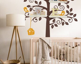 Adesivo de parede Árvore Branca, Decoração para Quarto de Bebê, Pássaros e Casinha de Pássaros