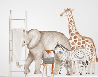 Animales de safari en acuarela, vinilo decorativo de tela para pared, vinilos reutilizables para habitación infantil.