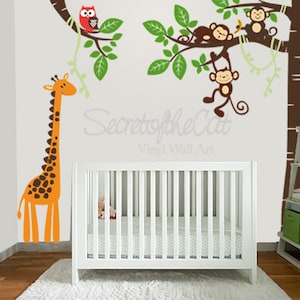 Tree Wall decal,Nursery Wall Decal-Wall Decals Nursery - Corner Tree Vinyl Wall Decal-Large tree sticker-Giraffe -Tree and monkeys mural