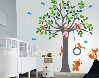 Nursery Wall Decal - Wall Decal Nursery - tree decals -Tree - Decal With Squirrels and Owls -  Nursery Decor - Grey Tree - Tree and deer