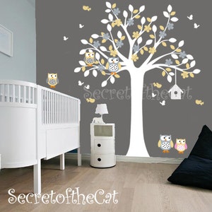 Nursery Wall Decal-Wall Decal Nursery - Tree with Ows and Birds - Nursery Decor - Tree and Owls - Child Tree Wall Decal - White and grey