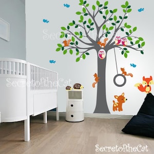 Nursery Wall Decal - Wall Decal Nursery - tree decals -Tree - Decal With Squirrels and Owls -  Nursery Decor - Grey Tree - Tree and deer