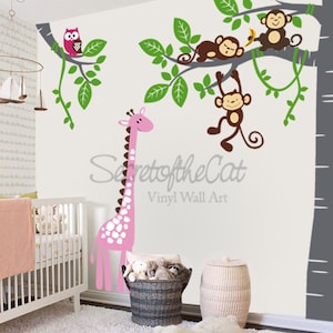 Nursery Wall Decal - Wall Decals Nursery - Corner Tree Vinyl Wall Decal - Tree Wall Decal - Giraffe - Tree and monkeys,Wall Mural,tree decal