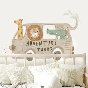 Animales de safari en un autobús, animales de la jungla, calcomanías para guardería, decoración de habitación de niños, calcomanía de pared de autobús de safari, despegar y pegar, calcomanías de animales de la jungla