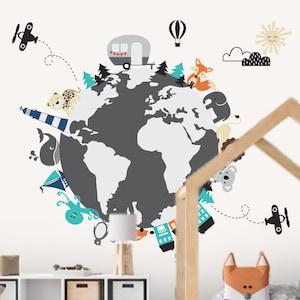 Kids World Map Wall Decal, Personalized Kids World Map Sticker, Interactive Playroom Wall Decor