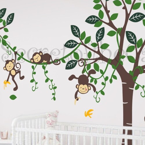 Monkeys Hanging on Tree With Giraffe Wall Decal Kids Nursery Etsy