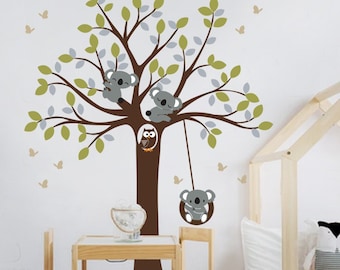 White tree decal-Tree and Koalas Decal -Wall Decals Nursery- Nursery Decor-Tree and butterflies-Baby tree decal-Koalas decal-wall decal tree