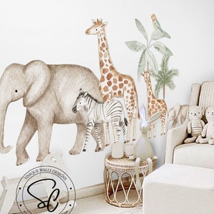 Pegatinas de animales de safari, animales de la jungla, calcomanías para guardería, decoración de habitación infantil, calcomanías de pared de safari, despegar y pegar, calcomanías de animales de la jungla