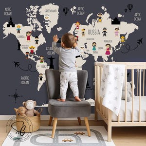 World Map Wall Decal, Durable, Wipeable & Kid-Proof, Kids Nursery Art, People Costumes Fabric Sticker