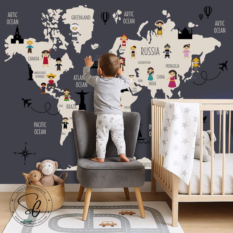 World Map Wall Decal, Kids Nursery Art, People Costumes Fabric Sticker ...