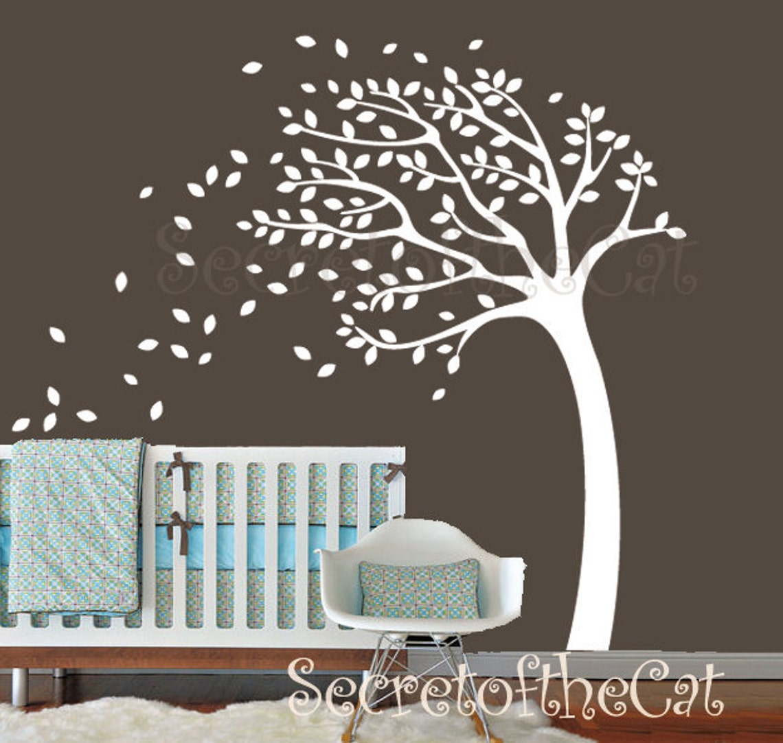 White Tree Vinyl Wall Decal – Blowing Leaves, Nursery Decor - Etsy