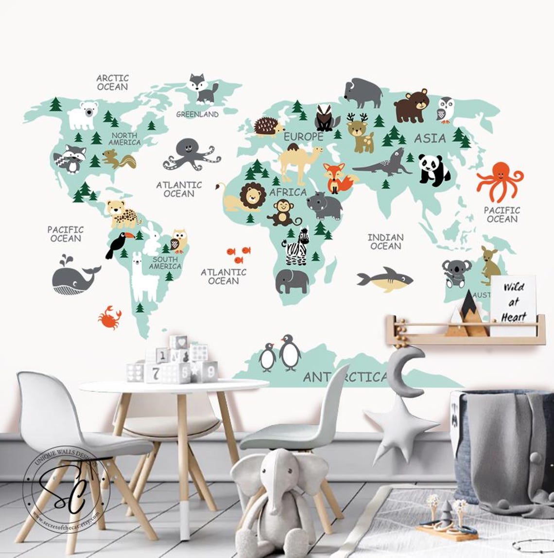 World Map Animal Vinyl Wall Decal – Nursery Decor (79x46.5”) - Etsy Canada