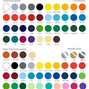 May include: A color chart for SecretoftheCat Vinyl Wall Art displaying three sections: Vinyl Color palette, Matte Vinyl Color palette, and Metallic colors. Each section features rows of circular color swatches with labels including white, grey, black, yellow, orange, red, blue, green, brown, and metallic tones.