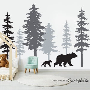 Pine Tree Forest Wall Decals with Bears, Woodland Nursery Sticker Kit in 3 Sizes, Nature Adventure Playroom, Removable Matte Vinyl Art image 3