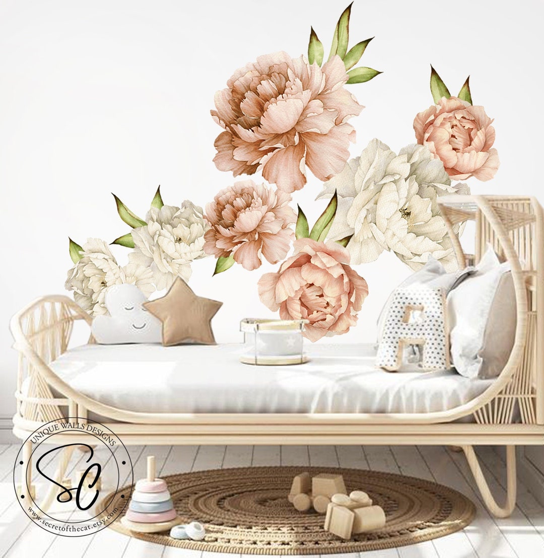 Peony Wall Decal, Pink Flowers Wall Stickers, Peel and Stick Flowers ...