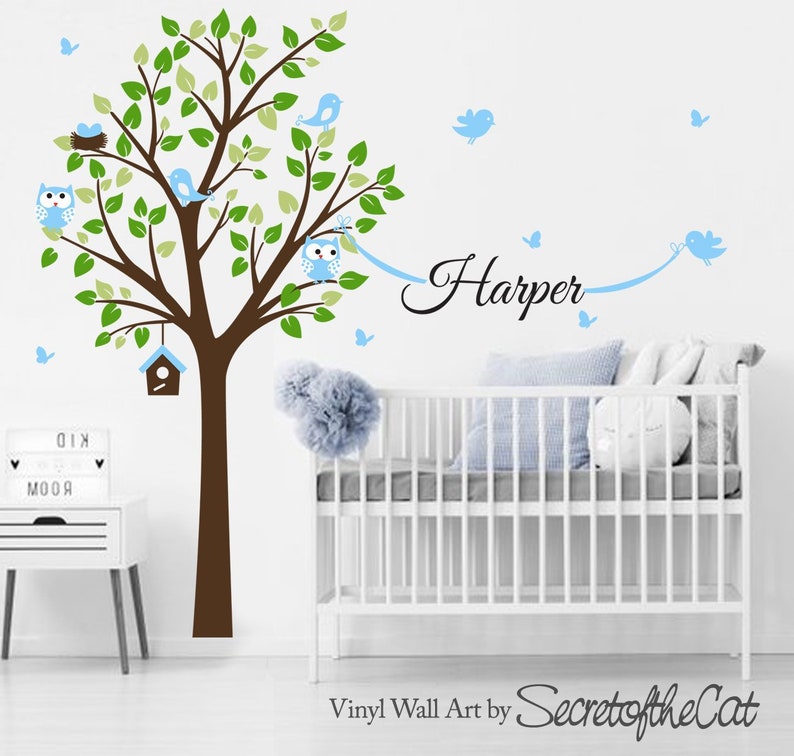 Tree and owls Wall decal nursery Tree decal Tree and name Name decals Wall decal Tree Forest tree decal Tree and birds decal