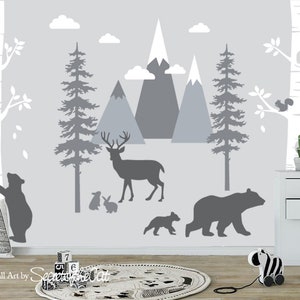 Mountain Wall Decal - Woodland Wall Decal- Scandinavian decal- Woodland Birch Tree- Mountain wall mural- Mountain Mural - Kids Wall Decal