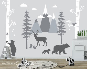 Vinilo decorativo de pared con diseño de montaña boscosa – Mural infantil de estilo escandinavo