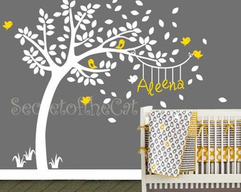 White tree decal-Nursery Wall Decal -Wall Decals Nursery - Wall decals, Bird,Bird Houses,Tree and Name -Personalized Wall Decal -Wall decor