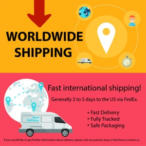 May include: A graphic banner featuring a yellow top section with a red arrow, the text WORLDWIDE SHIPPING, and icons of a globe, person, van, and clock. The pink bottom section displays a globe, a delivery van, and the text Fast international shipping!