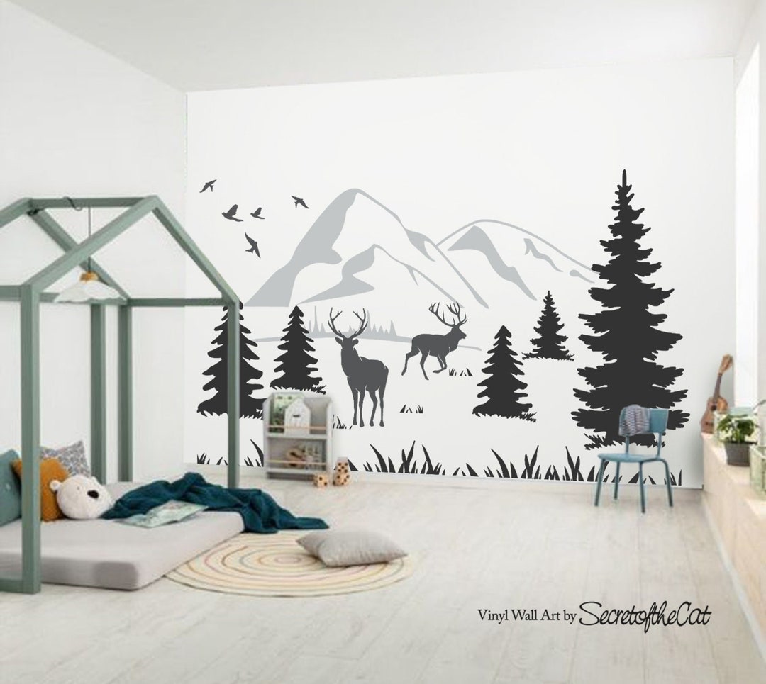 Mountain Wall Sticker Mountain Landscape With Deers Mountain Wall Decal