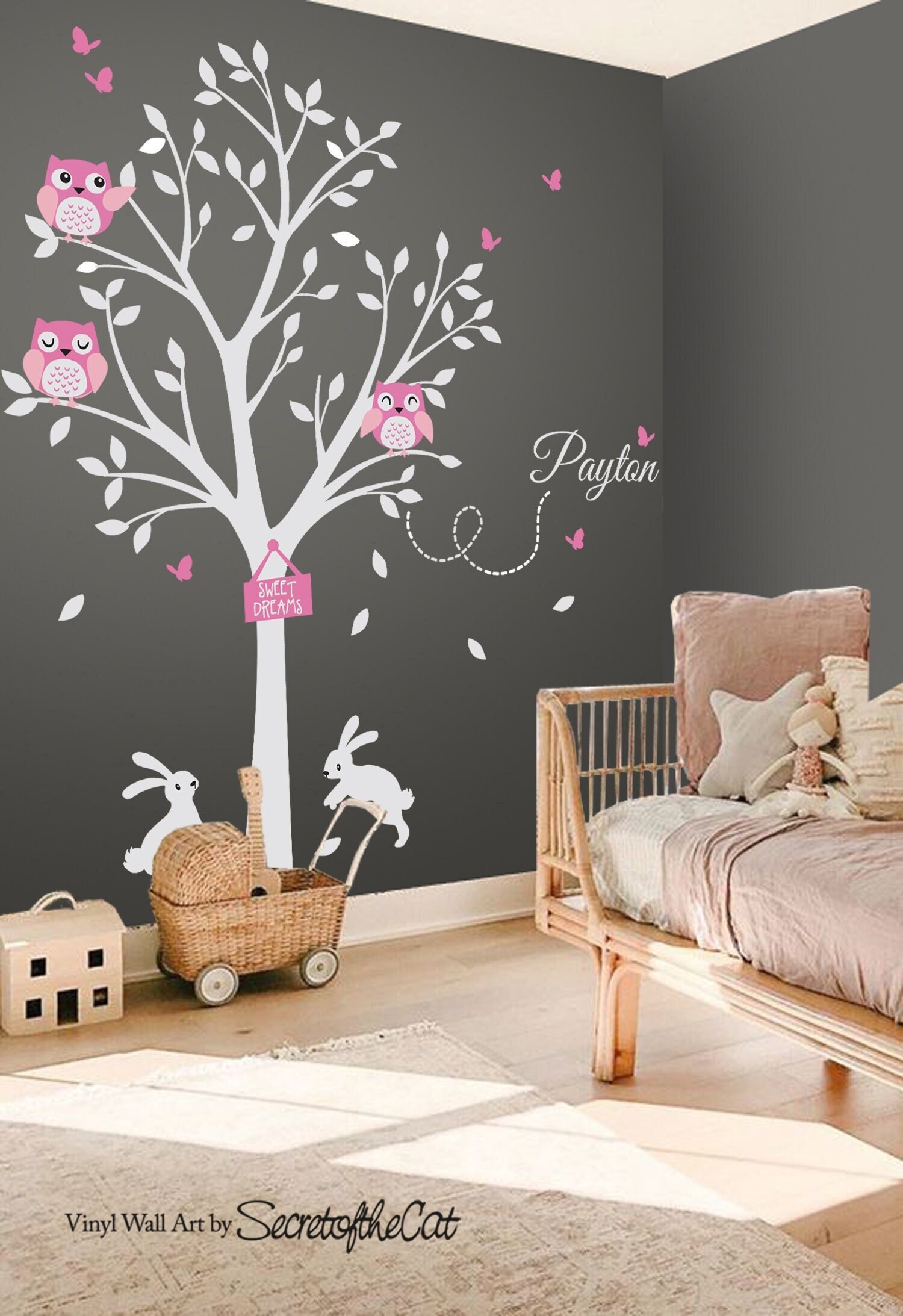 Tree With Owls Nursery Wall Decal – Personalized Name, Bunnies, Vinyl ...