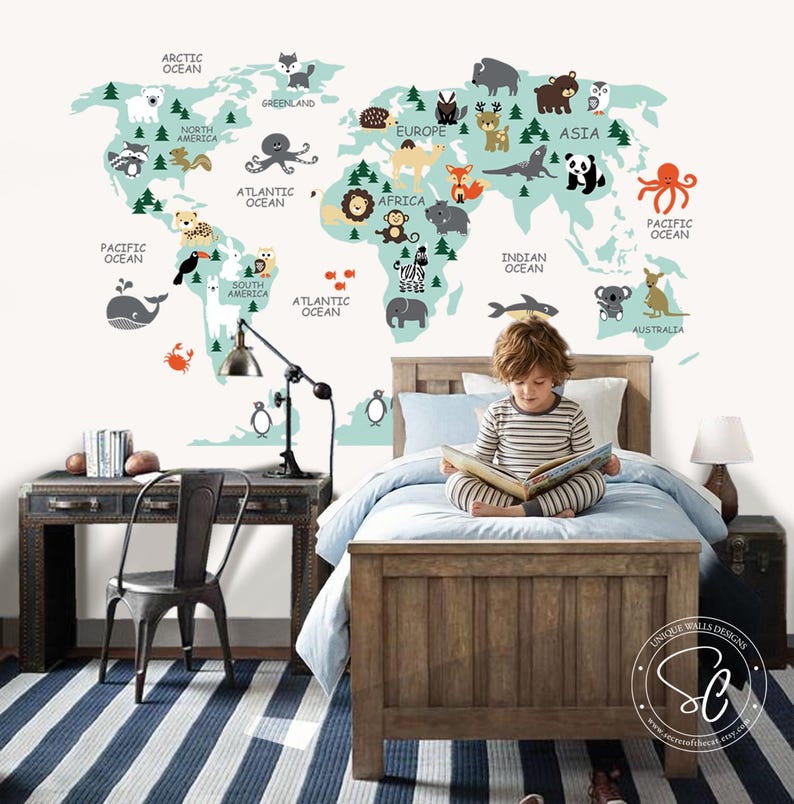 World Map Animal Vinyl Wall Decal – Nursery Decor (79x46.5”) - Etsy ...
