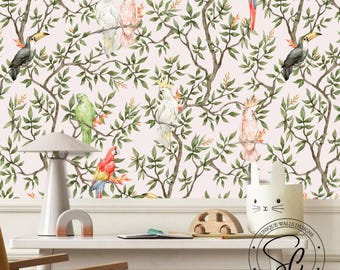 Pink Chinoiserie Jungle Wallpaper, Peel and Stick Tropical Wall Mural.