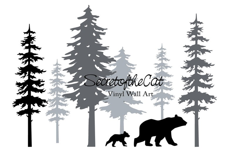 Pine Tree Forest Wall Decals with Bears, Woodland Nursery Sticker Kit in 3 Sizes, Nature Adventure Playroom, Removable Matte Vinyl Art image 2