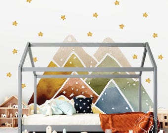 Montaña estilo boho, vinilo decorativo de tela para pared, mural autoadhesivo, decoración para la habitación infantil.
