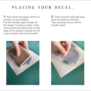 Peut inclure: Graphique d'instructions intitul&eacute; PLACING YOUR DECAL avec deux &eacute;tapes. L'&eacute;tape 1 montre le frottement d'une &eacute;ponge beige sur un autocollant hippopotame sur papier. L'&eacute;tape 2 montre le retrait du papier transfert. Le texte explique l'application.